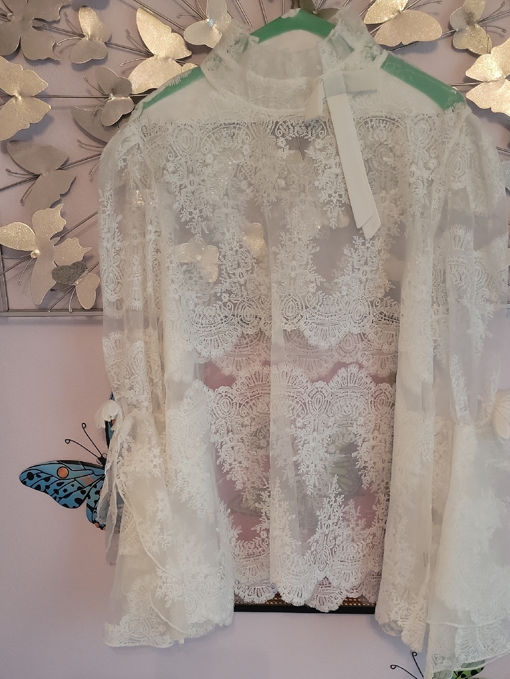 Sheer Lace Tie-Neck Blouse - White